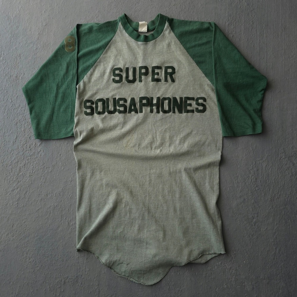 Vintage 80s Green T-shirt Medium Super Sousaphones Raglan Baseball USA